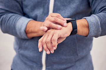 Image showing Smart watch, man hands and sports exercise outdoor for fitness, runner training or running wellness. Closeup of stopwatch, person and workout time of heart rate, monitor healthy progress and data app