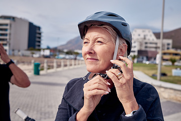 Image showing Thinking, senior and woman ready for cycling, fitness and retirement fun in the city of Germany. Sports, training and an elderly lady thinking to start a bicycle ride for eco friendly exercise