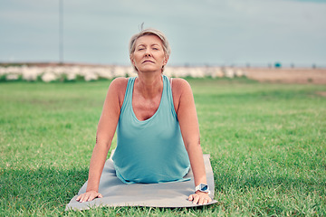 Image showing Cobra stretching, senior woman and exercise at park for workout, training and fitness. Elderly lady, yoga and flexible body outdoor on mat, grass and nature for wellness, healthy lifestyle or push up