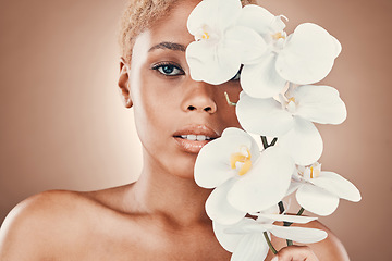 Image showing Orchid flower, beauty portrait and black woman with spa aesthetic for luxury and wellness. Skincare, studio and cosmetics of a young model with flowers for organic facial and dermatology treatment