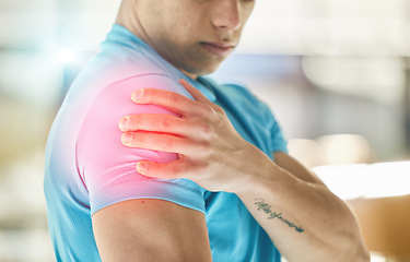 Image showing Hands, fitness injury and shoulder pain in gym after accident, workout or training exercise. Sports, health and athlete man with fibromyalgia, inflammation or painful arm, arthritis or tendinitis.