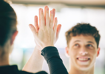 Image showing High five, hands or sports people for teamwork, support or collaboration with smile in gym. Agreement, partnership or greeting men for thank you, motivation for success goal and targets achievement