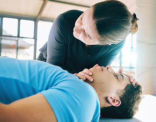 Image showing First aid, cpr and breathing with a woman learning how to revive a person suffering from trauma or emergency. Respiration, resuscitation and health with a female training as a lifeguard in rescue