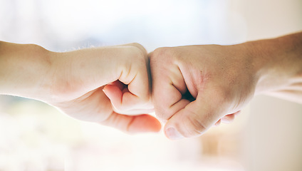 Image showing Fist bump, hands or support teamwork in gym for people in collaboration or solidarity trust. Agreement connection, partnership or friends greeting, thank you or motivation for success goal or targets