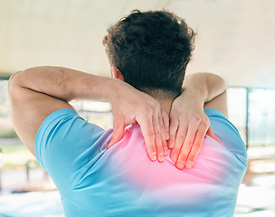 Image showing Fitness, back pain and man with injury in gym after accident, workout or training. Sports, health or male athlete with fibromyalgia, inflammation or painful spine fracture or arthritis after exercise