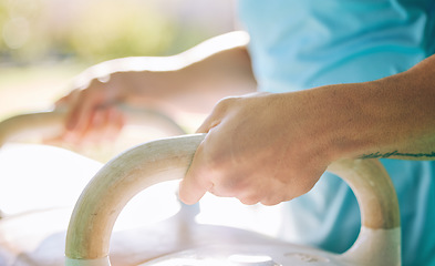 Image showing Hands, gymnastics pommel horse and handle with fitness, training for competition with exercise equipment. Professional sport, test person strength and balance with workout studio and gymnast club