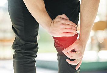 Image showing Hands, knee pain and injury in gym after accident, workout or training exercise for sports. Health, fitness and athlete man with fibromyalgia, inflammation or leg fracture, arthritis or tendinitis.