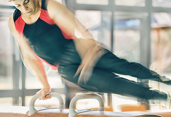 Image showing Horse, gymnastics and motion blur with a man training for an olympics event or sports competition. Exercise, balance and games with a male athlete or gymnast in a studio or gym for competitive sport