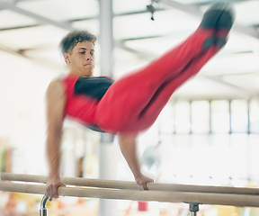 Image showing Horse, gymnastics and motion blur with an olympics man training for a sports event or competition. Exercise, balance and games with speed of athlete or gymnast in studio or gym for competitive sport