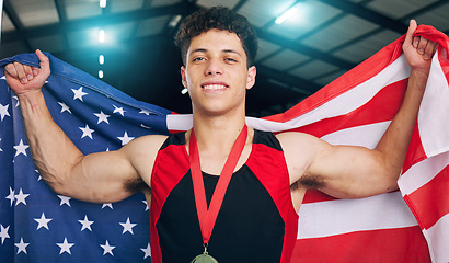 Image showing Man, medal and usa flag for winner, athlete and portrait for celebration, sports and goals in competition. Gen z person, US and smile for winning, celebrate and happiness for victory in sport contest