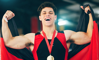 Image showing Man, medal and flag for sport, portrait and winning with celebration, happiness or goal in competition. Gen z person, strong and winner with smile, celebrate and happy for victory in sports contest