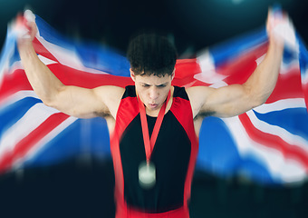 Image showing Winner, gymnastics or man with medal and British flag for fitness, sports victory or wellness success in gym. Celebrating, happy or male with gold award for training, exercise or workout competition
