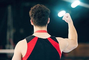 Image showing Fitness, back and man with success, fist and celebration for competition, workout goals and target. Male athlete, gymnast or winner with gesture for victory, energy or sports motivation with wellness