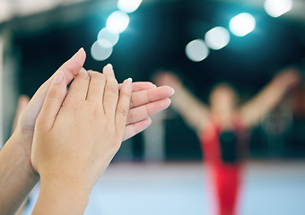 Image showing Closeup, fitness and applause for winner, hands and victory for workout, routine and athlete. Zoom, gymnast and clapping for winning, motivation and success with achievement, celebration and blurry
