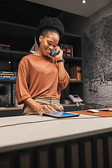 Image showing Black woman, phone call and tablet with small business and entrepreneur in office or store, communication and technology. Chat with supplier, owner and digital stock checklist with desk and talking