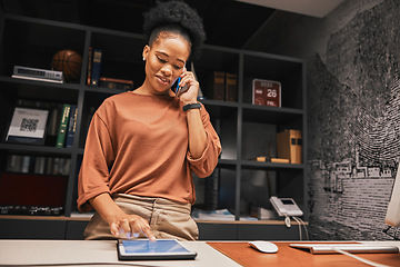 Image showing Black woman, phone call and tablet with small business and owner in office or store, communication and technology. Chat with supplier, entrepreneur and digital stock checklist with desk and talking