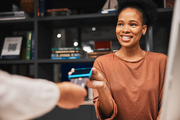 Image showing Black woman, machine and credit card for payment, checkout transaction or digital money transfer in store. African American female customer, lady or client with contactless purchase or electronic pay