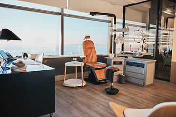 Image showing Optometry, equipment and empty office of a doctor for work in ophthalmology, eye and vision care. Healthcare, surgery and room at a clinic for optician workspace, optometrist business and furniture