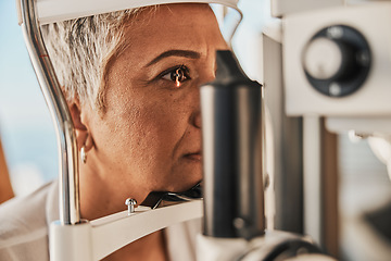 Image showing Medical, ophthalmology and eye test by patient senior woman with medical insurance using slit lamp. Mature, optometry and female doing vision or eyesight test in clinic using a machine