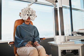 Image showing Ophthalmologist phoropter, patient consulting or eye exam for vision, healthcare or wellness. Black woman, ophthalmology care and health for eyes in office, hospital or store for vision assessment