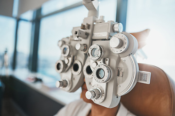 Image showing Ophthalmology phoropter, patient consultation or eye exam for vision, healthcare or wellness. Senior woman, ophthalmologist care and health for eyes in office, hospital or store for vision assessment