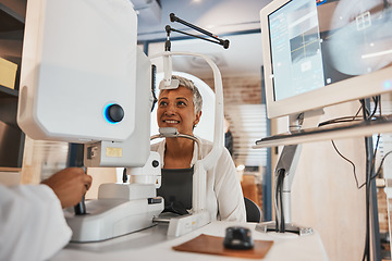 Image showing Machine, senior woman and test eyes in office, optometry and healthcare for vision, smile and conversation. Optometrist, mature female customer and client with eye care, research and appointment