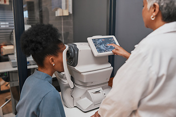 Image showing Digital eye test, vision and health for eyes, optometry and doctor with patient, eyecare and ophthalmology clinic. Machine, screen and black woman with senior optometrist, service and medical exam