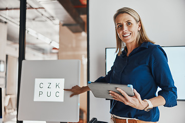 Image showing Eye chart exam, woman portrait and web reading test for eyes health and care in a clinic. Healthcare, letters sign and medical consulting wellness employee showing snellen vision text for glasses