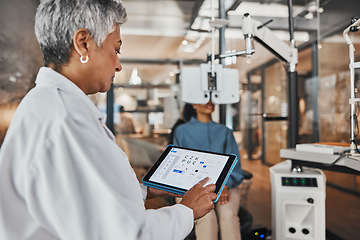 Image showing Eye test, senior doctor and tablet consulting of optometrist with woman patient at clinic. Eyes wellness, healthcare and vision exam with tech and digital results from glaucoma consultation machine