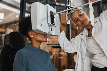 Image showing Eye exam, vision and woman patient in optometry clinic for testing, eyesight and optical assessment. Healthcare, optometrist consultation and doctor use medical equipment, phoropter and lens for eyes