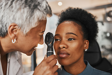 Image showing Laser, senior doctor or black woman in eye exam for eyesight at optometrist office. Mature optician helping an African customer or client testing or checking vision, iris or retina visual health