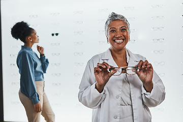 Image showing Portrait, woman and smile of optician with glasses in shop or store for frames, eyewear or eye care spectacles. Ophthalmology, vision and happy, proud or confident senior female medical optometrist.