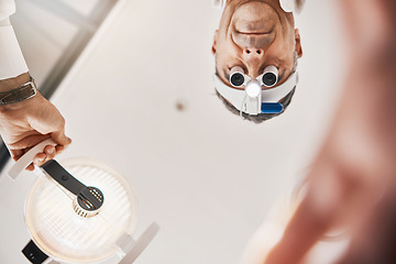 Image showing Eye exam, flashlight and face of optometrist looking down to patient for vision test, eyesight and optical exam Ophthalmology, clinic and man in consultation for retina, eyes and medical surgery