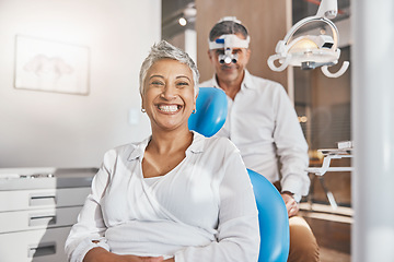 Image showing Portrait, face or doctor with happy woman in eye exam for eyesight at optometrist office with smile. Senior optician helping a mature customer testing or checking vision, iris or retina visual health