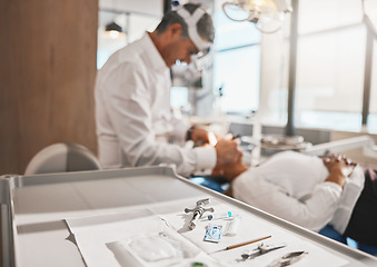 Image showing Eye surgery tools, vision repair and doctor working on healthcare, wellness and eyes procedure. Hospital, clinic and medicare worker with a woman patient and medical cut for optometrist operation