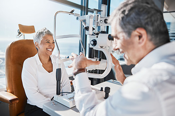 Image showing Eye doctor, machine or happy woman consulting for help with eyesight at optometrist in an optical assessment. Optician talking or asking senior customer info testing for vision, iris or retina health