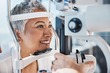 Image showing Face, eye exam or happy woman in test or consulting doctor for eyesight assessment at optometrist office. Senior customer testing vision with optician helping or checking iris or retina visual health