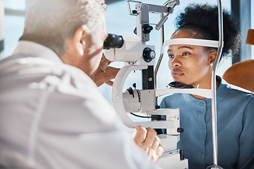 Image showing Help, eye exam or black woman consulting doctor for eyesight at optometrist or ophthalmologist. African customer testing vision with mature optician checking iris, glaucoma or retina visual health