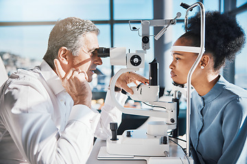 Image showing Eye doctor, machine or black woman consulting for help with eyesight with slit lamp at optometrist. Optician talking or asking customer questions with fingers to check vision, iris or retina health