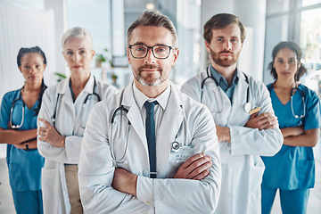 Image showing Healthcare, leadership and team portrait of doctor and nurses in hospital with support and serious teamwork. Health, help and medicine confident doctors and professional medical employees together