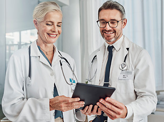 Image showing Doctor, teamwork or tablet in hospital for healthcare, planning report and medical innovation. Medicine, vision or health experts collaboration with woman and man consulting online treatment research