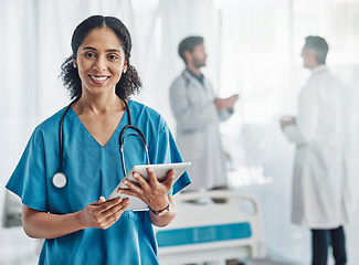Image showing Healthcare, tablet and portrait of black woman nurse or doctor in hospital for support, success and help. Health, wellness and medicine, confident medical worker with smile, stethoscope and doctors.