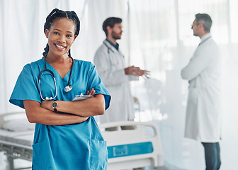 Image showing Healthcare, nurse and confidence, portrait of black woman in hospital for support, success and help in medical work. Health, wellness and medicine, confident nurse with smile, stethoscope and doctors