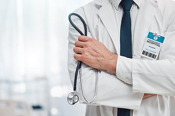 Image showing Doctor, hands and arms crossed with stethoscope for healthcare cardiology or life insurance at hospital. Hand of confident medical expert or professional specialist standing ready at clinic on mockup