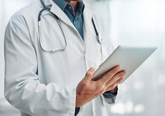 Image showing Healthcare, research and hands of doctor with tablet for wellness, medical abstract and analysis. Hospital, insurance and health worker on digital tech for internet, patient report and telehealth app