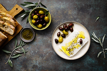 Image showing Feta cheese, olives and ciabatta, top view