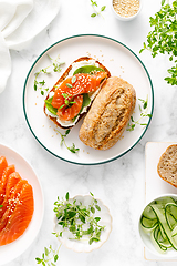 Image showing Salmon salted sandwich with spinach and cream cheese, top down view