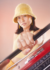 Image showing Boombox, fashion and woman isolated on gradient background for music, gen z aesthetic and streetwear. Dancer, hip hop and beauty asian model or youth person listening to retro or vintage radio tech