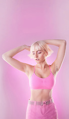 Image showing Woman, fashion and mockup on pink background in studio for cyberpunk avatar. Aesthetic gen z model person thinking about beauty and futuristic style for art, fantasy or trendy pastel backdrop