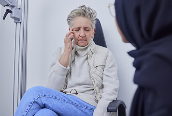 Image showing Blind, headache and optometry with a senior woman patient in an optician office for a test or eye exam. Doctor, pain and medical with a mature female sitting at the optometrist for visual impairment